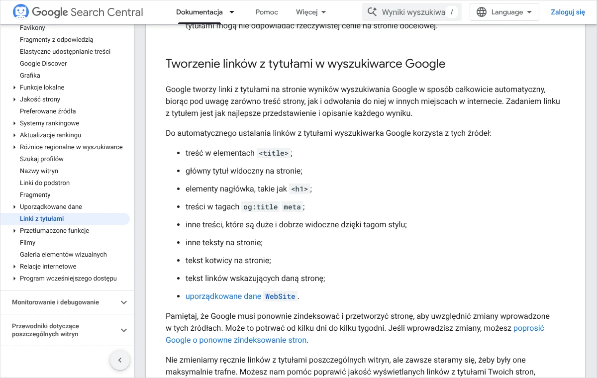 Fragment dokumentacji Google z listą źródeł, z których wyszukiwarka ustala link z tytułem, w tym elementy nagłówka takie jak h1