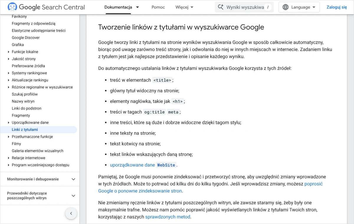 Fragment dokumentacji Google z listą źródeł, z których wyszukiwarka tworzy link z tytułem: element title, nagłówki, og:title, teksty linków