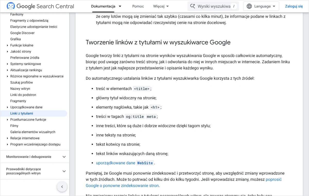 Zrzut dokumentacji Google z listą źródeł, z których powstaje link z tytułem: element title, główny tytuł na stronie, nagłówki h1 i inne.